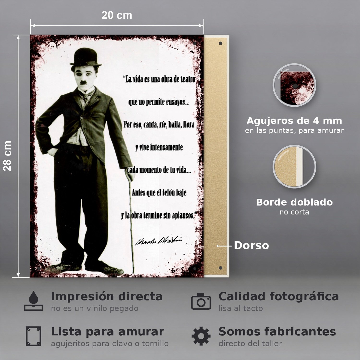Chaplin, La Vida Es Una Obra de Teatro - Chapa Vintage - BLN022 - Imagen 2