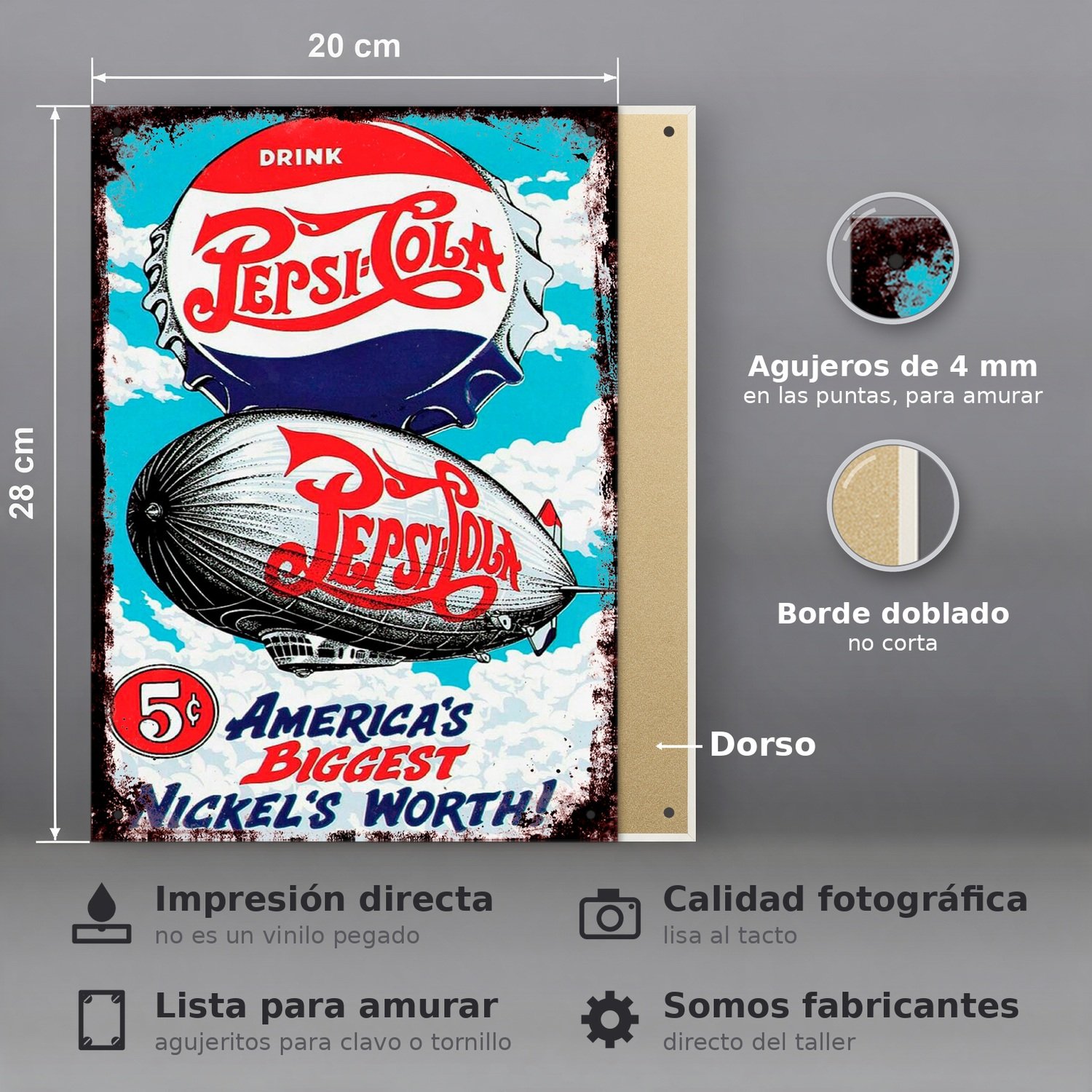 Pepsi-Cola Zeppelin 5 Centavos - Chapa Vintage - PEP004 - Imagen 2