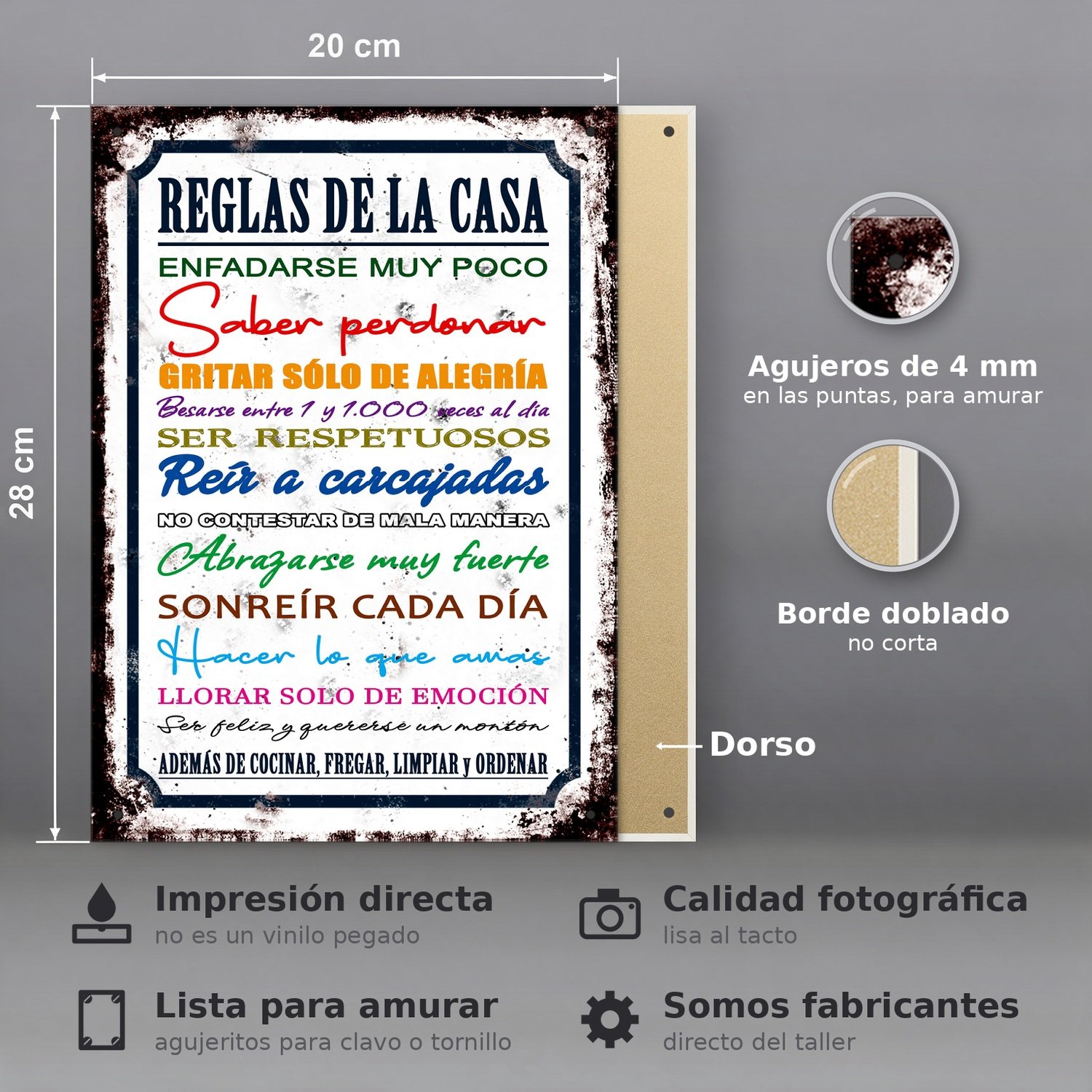 Reglas De La Casa: Enfadarse Poco, Reír A Carcajadas - Chapa Vintage - CFE102 - Imagen 2