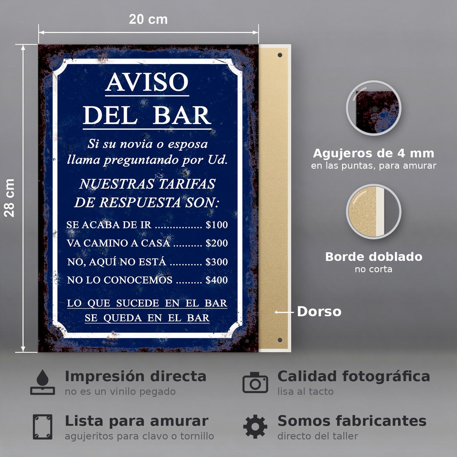 Aviso del Bar, Tarifas de Excusas para Novia - Chapa Vintage - CFH006 - Imagen 2